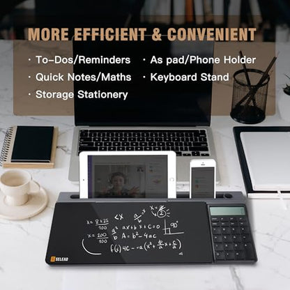 SELEAD Black Desktop Glass Board + Desk Dry Erase Board with Calculator, Tabeltop Storage Keyboard Stand for Home Office School