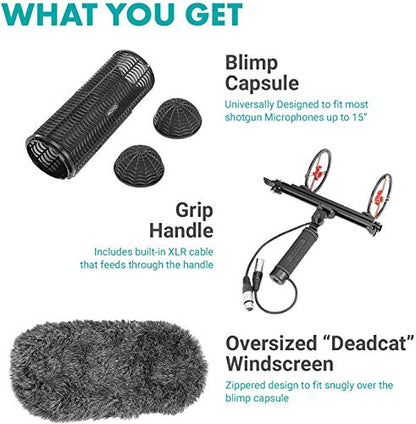 Movo BWS1000 Blimp Wind & Vibration Protection System for Shotgun Microphones - Features 12-point Internal Shockmount, Integrated XLR Cable, Furry Deadcat Windscreen & Grip Handle with Boom Attachment