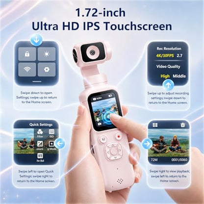4K Vlogging Camera with 330° Rotating Lens & Face Tracking, Portable Pocket Digital Camera for YouTube TikTok with WiFi, Includes 16GB Card, Tripod & Carrying Bag, Pink - color: Pink