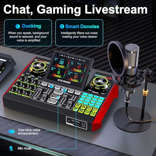 Podcast Microphone Bundle with Live Sound Board Audio Mixer, Podcast Equipment Bundle with 3.5mm Condenser Microphone(P15) for Pc/Phone Live Streaming Singing Gaming, Voice Changer, Denoise