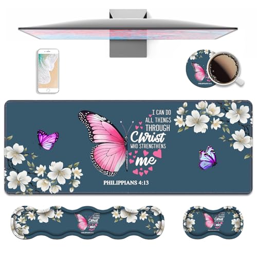 Ergonomic Keyboard Wrist Rest & Mouse Pad Wrist Rest Set, Large XXL Gaming Desk Mat 31.5"x 11.8" with Non-Slip Base for Home Office Study Gaming, Floral Butterfly Quote Bible Verse Philippians 4:13 - color: Butterfly Quote Bible Verse Philippians 4:13