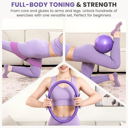 Pilates Kit for Women, 18-Piece Home Pilates Equipment Set with 14" Pilates Ring, Mini Ball, Ankle & Wrist Weights, 8 Resistance Bands, Sliders & Grip Socks