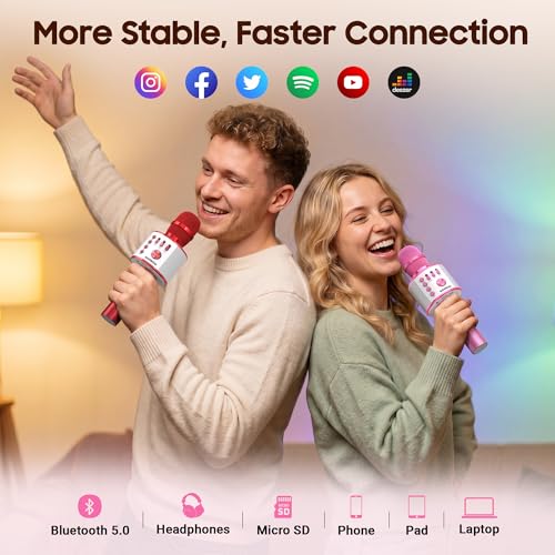BONAOK Wireless Bluetooth Karaoke Microphone,3-in-1 Portable Handheld Karaoke Mic Speaker Machine Home Party Birthday for All Smartphones PC（Light Pink） - color: Light Pink