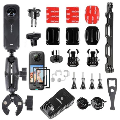 PellKing Bike Motorcycle Handlebar Mounting Bundle Kit for Insta360 X5/X4,Action 5 Pro/4/3, Included 360 Rotation Handlebar Mount,1/4" Adapter Helmet Adhesive Stick,Backpack Clip,Screen Protector