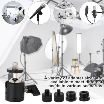Penitue Ball and Socket Head Microphone Adapter Kit, Includes 1 Ball and Socket Head & 4 Adapters 360° Horizontal Rotation 3/8" to 5/8" & 1/4" Thread Converters for Camera Tripod Fill Light - style: Adapter screw+gimbal set