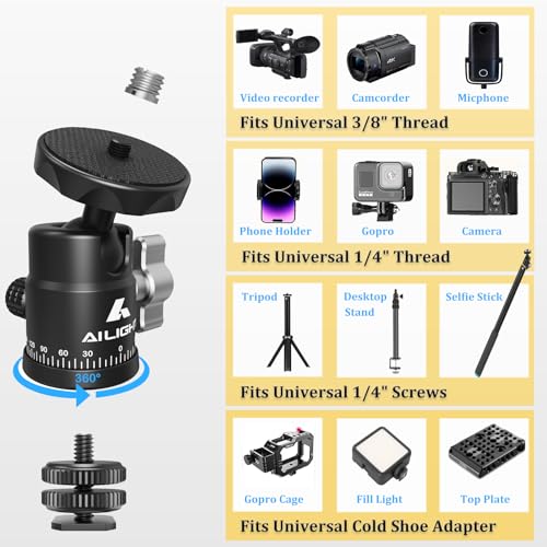 Ailight Mini Ball Head, 360° Panoramic Tripod Head, Universal 1/4" to 3/8" Screw Adapter Swivel Mini Ball Head Screw Tripod Mount, Dual Cold Shoe Mount for DSLR Cameras Camcorder（2 Pack - size: 2 pack