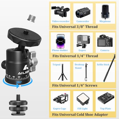 Ailight Mini Ball Head, 360° Panoramic Tripod Head, Universal 1/4" to 3/8" Screw Adapter Swivel Mini Ball Head Screw Tripod Mount, Dual Cold Shoe Mount for DSLR Cameras Camcorder（2 Pack - size: 2 pack