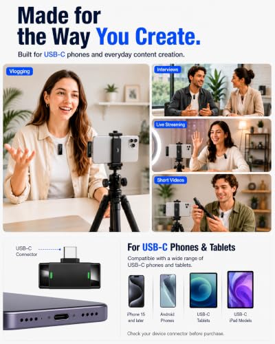Wireless Lavalier Microphone for iPhone/Samsung/Android, 2 Mics, USB-C Port | 2 Clip-On Mics with Noise Reduction, 34h Using Time with Charging Case, 48kHz Audio 66ft Range for Video Recording USB C