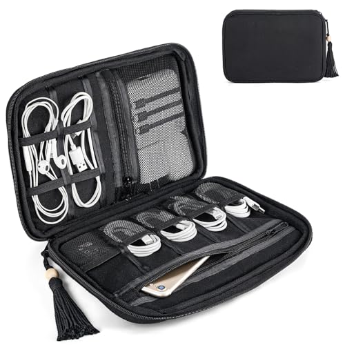 Mkono Electronics Organizer Travel Cable Cord Organizer Cotton Bag, Portable All-in-One Accessories Travel Essentials Storage Case with Tassel for Cable Charger Phone USB Pouch for Women, Black - color: Black