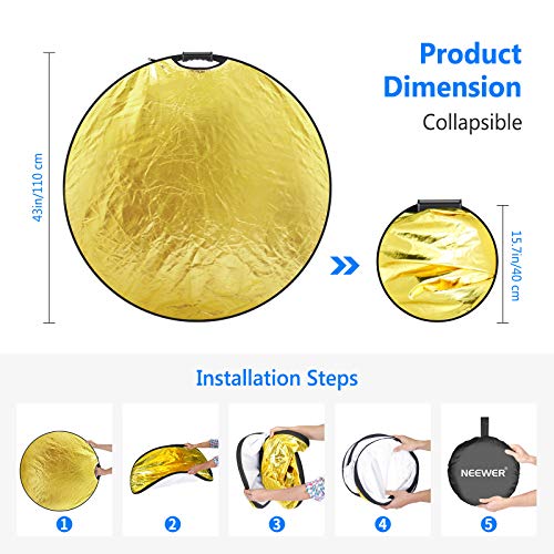 Neewer 5-in-1 Portable Round 43 in/110cm Light Reflector Collapsible Multi-Disc with Single Grip and Bag for Studio Photography Lighting and Outdoor Lighting - Gold/Silver/White/Black/Translucent - size: 110cm