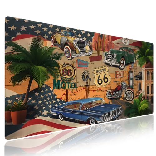 Extra Large Gaming Mouse Pad (31.5" x 11.8") – Celebration of Historic Route 66 & Retro Cars Motorcycle on a Map Road Trip Vintage Americana, XXL Desk Mat with Durable Stitched Edges | Retro Car Motorcycle on a Map Road Trip, 31.5" x 11.8", Gaming/Office