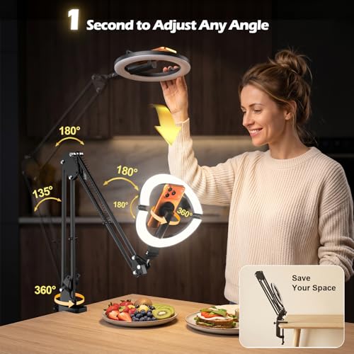 CloudValley Magnetic Overhead Phone Mount with 10" Ring Light, 5000mAh Desktop Tripod with Battery Display, Foldable LED Selfie Light with iPhone Stand for Video Recording Cooking, Live Streaming