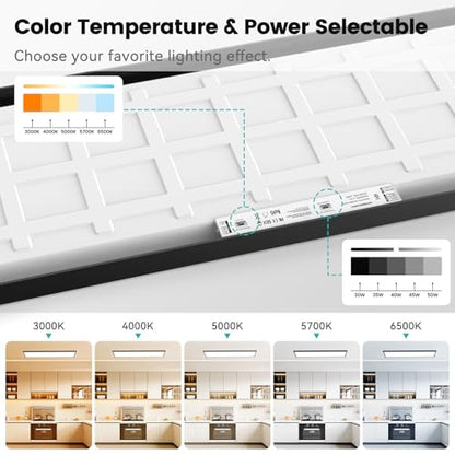 AIKVSXER 6Pack 1x4 LED Flat Panel Light, 6500LM Ultra-Bright, 30-50W Black | 3000K-6500K Adjustable, 0-10V Dimming, AC120-277V, Slim Surface Mount Ceiling Light for Office, Home, Garage - color: Black, size: 1x4ft-6P