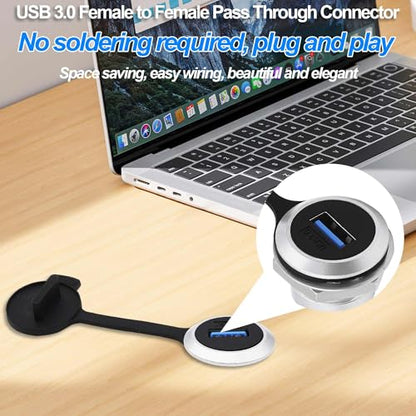 USB 3.0 Panel Mount Coupler USB Type A Female to Female Adapter Threaded Fixed Bulkhead Extension Embedded Round Connector with Water/Dustproof Cap