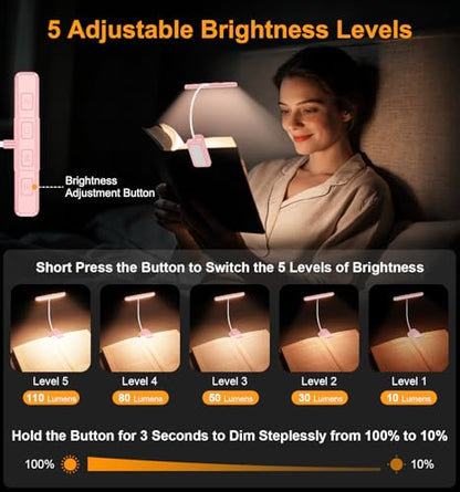 Gritin 2026 Gen 2 Book Light for Reading- 32 Eye Caring Full Spectrum LED | 5 Colors & 5 Brightness, Adjustable Wide/Narrow Beam, Upgrade 1500mAh Long-Lasting Rechargeable Clip on Light-Pink - color: Pink