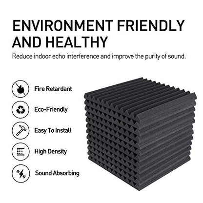 Focusound 24 Pack Black Grey Acoustic Foam Panels 1" x 12" x 12" Sound Proof Foam Panles Soundproofing Noise Cancelling Wedge Panels for Home Office Recoding Studio with 240PCS Double-Side Adhesive - size: 24 Pack BlackGrey