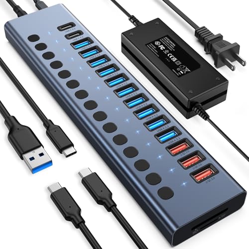 Powered USB Hub 10Gbps, 17 Ports 96W USB 3.2 Hub(10 USB-A 3.2 Ports+3 QC 24W Fast Charging Ports+2 USB-C 3.2 Ports+SD/TF Card Reader), 12V/8A Power Adapter for Laptop, PC, Computer, HDD,Flash Drive - color: Gray