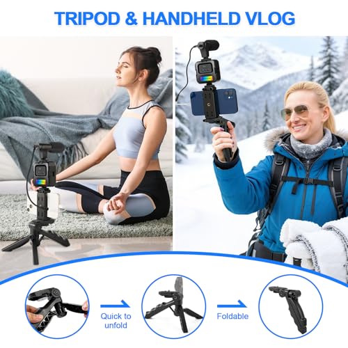 RGB Vlogging Phone Tripod with Mini RGB LED Video Light, Cardioid Microphone, Phone Holder, Compatible with iPhone & Android, for YouTube, TikTok, Instagram & Live Streaming