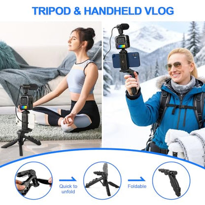 RGB Vlogging Phone Tripod with Mini RGB LED Video Light, Cardioid Microphone, Phone Holder, Compatible with iPhone & Android, for YouTube, TikTok, Instagram & Live Streaming