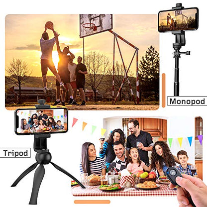 Universal Phone Tripod Mount Adapter with Ｗireless Camera Remote and LED Light, Cell Phone Holder with Adjustable Clamp for Selfie Stick Monopod for iPhone, Samsung Wrist Strap Included - color: Black-with LED light