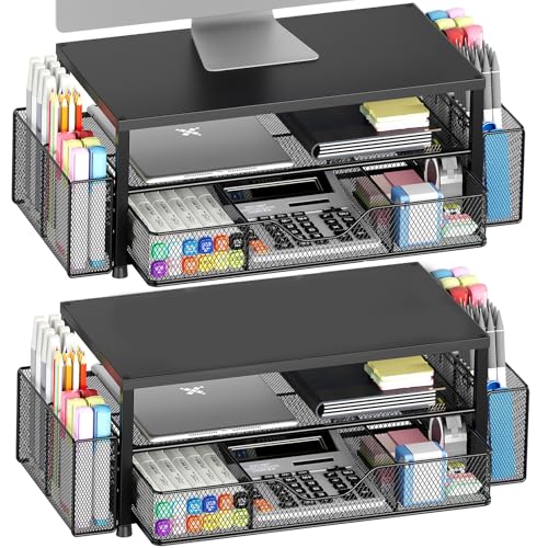 OPNICE Desk Organizer and Accessories, 2-Tier Computer Monitor Stand Riser with Drawer and 2 Pen Holders, Laptop Stand, Office Desk Accessories for Office Supplies, Black 2-Pack - color: Black 2-Pack, size: Single