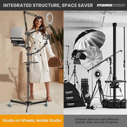 TARION Live Streaming Stand with Wheels - 61"/155cm 5-in-1 Stream Stand Equipment Kit: 1 Mic Boom + 3 Articulated Arms + 1 Projector Holder, Adjustable Heavy-Duty Floor Live Tree Stand Setup TitanRig - size: 5-in-1 Floor Set