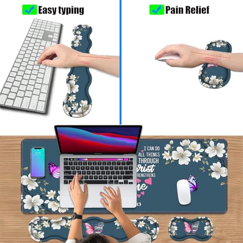Ergonomic Keyboard Wrist Rest & Mouse Pad Wrist Rest Set, Large XXL Gaming Desk Mat 31.5"x 11.8" with Non-Slip Base for Home Office Study Gaming, Floral Butterfly Quote Bible Verse Philippians 4:13 - color: Butterfly Quote Bible Verse Philippians 4:13