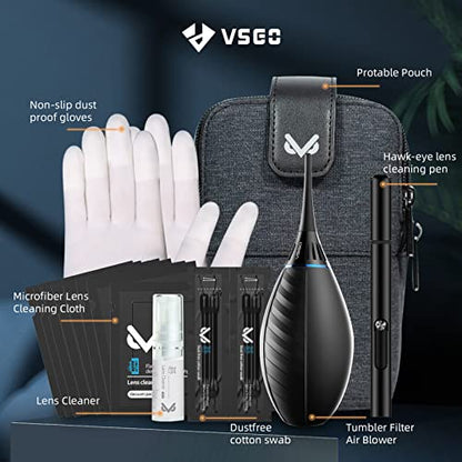VSGO Professional Camera Cleaning Kit with Portable Bag Air Blower Lens Cleaning Pen Spray Cotton Swab Cloth Compatible with Canon, Nikon, Sony DSLR Cameras and Sensitive Electronics Bundle(VS-A3E)