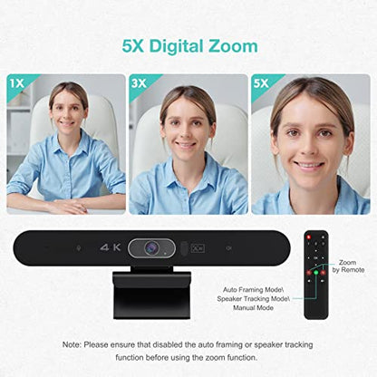 4K Pro Audio and Video Conference Room Camera with Remote Control for Windows TV, AI-Powered HD Webcam with Microphone & Speaker for Desktop Computer/PC/Monitor/Laptop/Teams/Zoom/Skype - color: Black