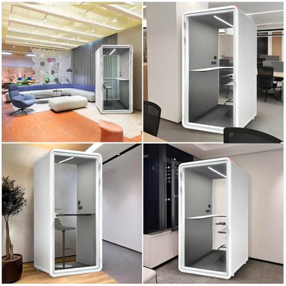 Quiet Meeting Pod with Acoustic Panels, Office Soundproof Room with Furniture, Portable Removable Working Booth for Private Phone Calling, Study, Individual Seater Personal Office H92in W43in D40in - color: Grey S