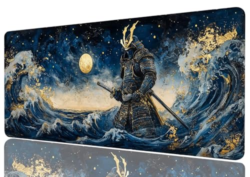 Japanese Samurai Desk Mat Gaming Desk Pad Large Mouse Keyboard Pad Wave Moonlight Night Sky Anime Desktop Mats Computer Keyboard Pad Mouse Mat Laptop Mat Office Home Decor 31.5" x 11.8" - color: Japanese Samurai, size: 31.5L x 11.8W inches