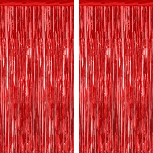 ZATAYE 2 Pack Red Foil Curtain Backdrop Birthday Party Decorations | Red, Metallic Foil, 3.28 x 7.05 FT, Tinsel Backdrop, Foil Curtain Streamer, Valentines Christmas Party - color: Red, size: 2 PCS