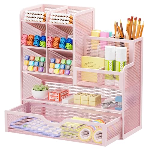 Marbrasse Mesh Desk Organizer with Drawer, Multi-Functional Pencil Organizer, 12 Compartments, Pink, Modern, Minimalist - color: Pink