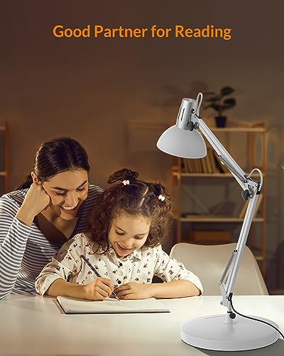 LEPOWER Metal Desk Lamp, Adjustable Goose Neck Architect Table Lamp with On/Off Switch, Swing Arm Desk Lamp with Clamp, Eye-Caring Reading Lamp for Bedroom, Study Room &Office (White) - color: White