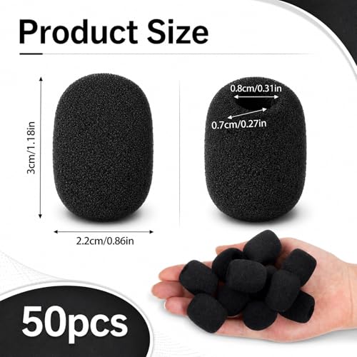 50 Pcs Headset Mic Foam Cover, Microphone Foam Overs, Microphone Foams Covers for Lavalier & Headset Microphones, Noise Reduction Sponge Material, Black