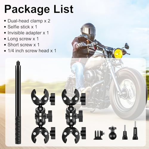 PULUZ Double Clamp Motorcycle Mount Kit for Insta360 X4 X3 X2 GO 3 One RS Camera, Bike Handlebar Mount Bundle with 59" Invisible Selfie Stick Telescopic for Moto Bicycle Riding Records - style: Double Camera Mount Kit