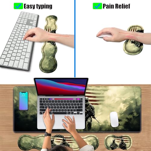 4 in 1 Ergonomic Keyboard Wrist Rest & Mouse Pad Wrist Rest Set, Large Gaming Desk Mat 31.5"x 11.8" with Non-Slip Base, Memory Foam for Home Office Study Gaming, American Military Army Troops Soldiers - color: American Military Army Troops Soldiers