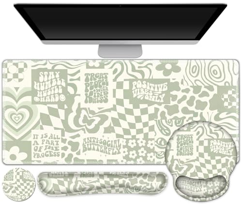Large Desk Mat, Beige Gaming Mouse Pad, Desk Pad Protector, XXL Mousepad + Keyboard Wrist Rest+Mouse Wrist Rest+Coaster Set with Ergonomic Desk Pad for Home Office PC Computer, Retro Boho Aesthetic - color: Beige Retro Boho