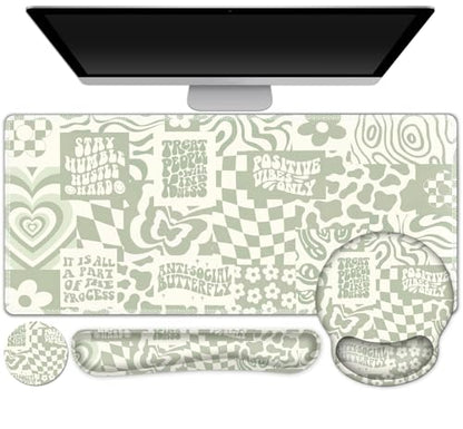 Large Desk Mat, Beige Gaming Mouse Pad, Desk Pad Protector, XXL Mousepad + Keyboard Wrist Rest+Mouse Wrist Rest+Coaster Set with Ergonomic Desk Pad for Home Office PC Computer, Retro Boho Aesthetic - color: Beige Retro Boho