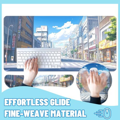 Anime Tokyo Desk Mat Set Summer City Large Mouse Pad with Wrist Rest 4in1 Desk Mat for Desktop Ergonomic Keyboard Wrist Support Anti-Slip Computer Ergonomic Mouse Pad Home Office Gaming - color: Anime Tokyo