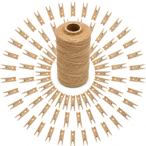 jijAcraft 100Pcs Clothespins with String, 1.4Inch Mini Wooden Clothes Pins with 328Ft Jute Twine, Mini Baby Shower Photo Clips, Small Natural Clips for Hanging Photo, Clothes, DIY Crafts, Wrap Bag - color: Natural