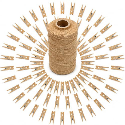 jijAcraft 100Pcs Clothespins with String, 1.4Inch Mini Wooden Clothes Pins with 328Ft Jute Twine, Mini Baby Shower Photo Clips, Small Natural Clips for Hanging Photo, Clothes, DIY Crafts, Wrap Bag - color: Natural