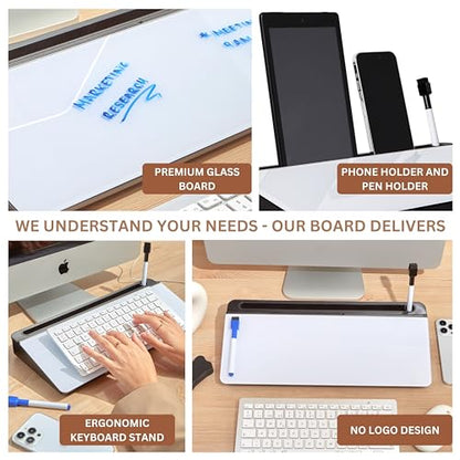 GAROOD Desktop Dry Erase Board with Storage (Black Base) Desk White Board Desk Board Glass Desktop White Board with Stand Home Office Organizer Phone Holder 15.8X7X2 inches - color: Black Base + Whiteboard