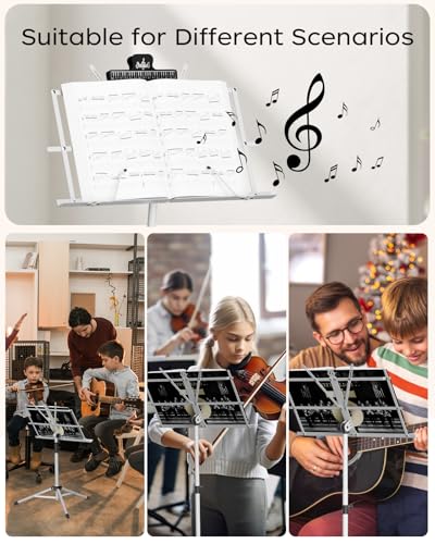 K KASONIC - Music Stand, 2 in 1 Dual-Use Folding Sheet Music & Desktop Book Stand, Portable, Lightweight with Music Sheet Clip Holder & Carrying Bag Suitable for Instrumental Performance, White - color: 1 Pack White