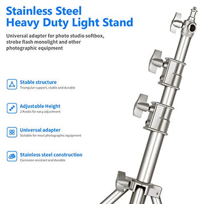 NEEWER 118"/3m Stainless Steel Light Stand, Spring Cushioned Heavy Duty Photography Tripod with 1/4" to 3/8" Universal Screw Adapter for Strobe, LED Video Light, Ringlight, Monolight, Softbox - style: ST-300SS