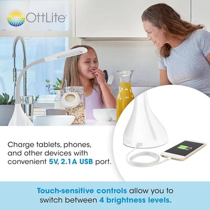 OttLite Creative Curves LED Desk Lamp with USB Port, White/Grey | ClearSun LEDs Reduce Eyestrain | 4 Brightness Settings | Adjustable Flexible Neck | 11.25 to 23.75 inches - color: White/Grey