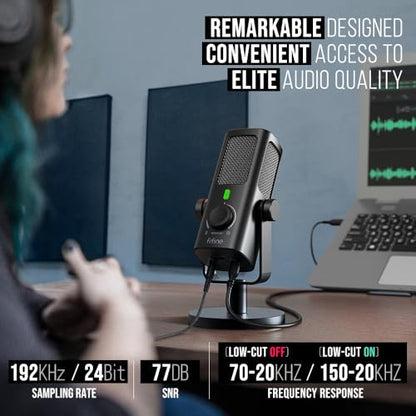 FIFINE USB-Podcast-Condenser-Microphone for Studio-Recording/Computer-Streaming, Desktop-Metal-Mic for YouTube Music Vocal Creation, with Monitor-Mix Volume-Control, Low-Cut Switch (PROFILE3)