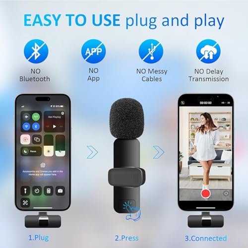 2PCS Wireless Lavalier Microphone for Android, Smartphones, Lapel Microphone for Video Recording, Clip on Wireless Mic for Podcast, Interview, YouTube, Vlog (2 Mics - USB-C, Black)