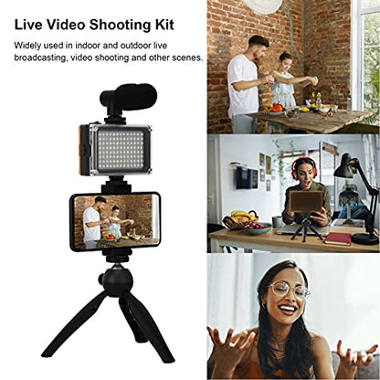 Portable Live Video Kit, Mobile Phone Photography Set with Fill Light Microphone Tripod and Phone Holder for Vlogging Live Streaming (Black) - color: Black