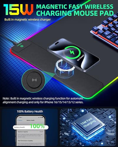 Mouse Pad with Wireless Charging, RGB Gaming Desk Mat, Large XXL Desk Pad, 15 Lighting Modes, Ultra-Smooth Surface, Non-Slip Mouse Mat, Waterproof Computer Keyboard Pad for Gamer, 800x400x4MM, Black - color: Rgb - 31.5"x15.7" (Magnetic Charging)